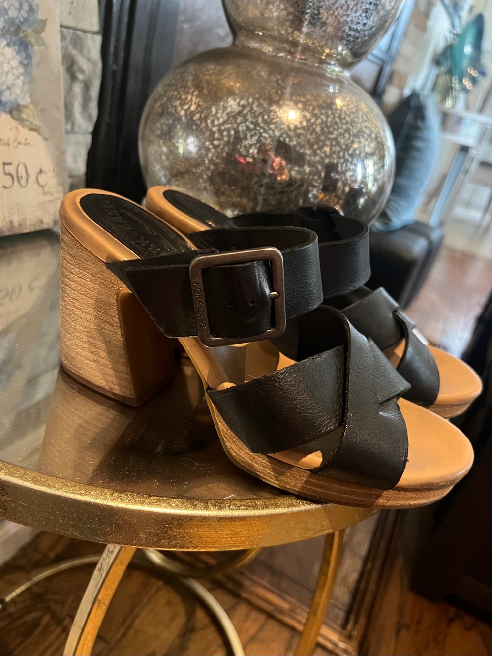 Kork-Ease Black Leather Crisscross Block Heel Sandals with Tan Wood Heel